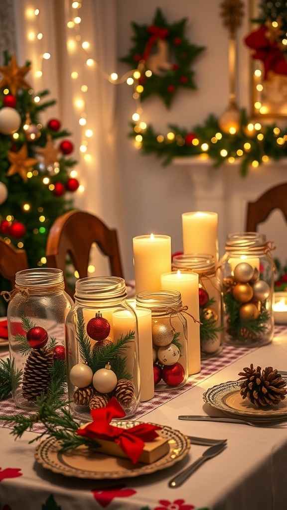 A festive Christmas table with jars filled with ornaments and candles, decorated with greenery and fairy lights.